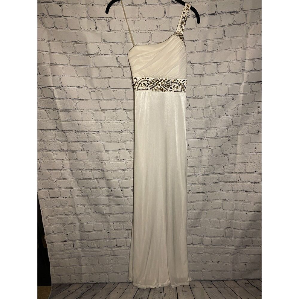 Sequin Hearts Long Formal Dress Size 5 White One Shoulder Beaded Trim Open Back